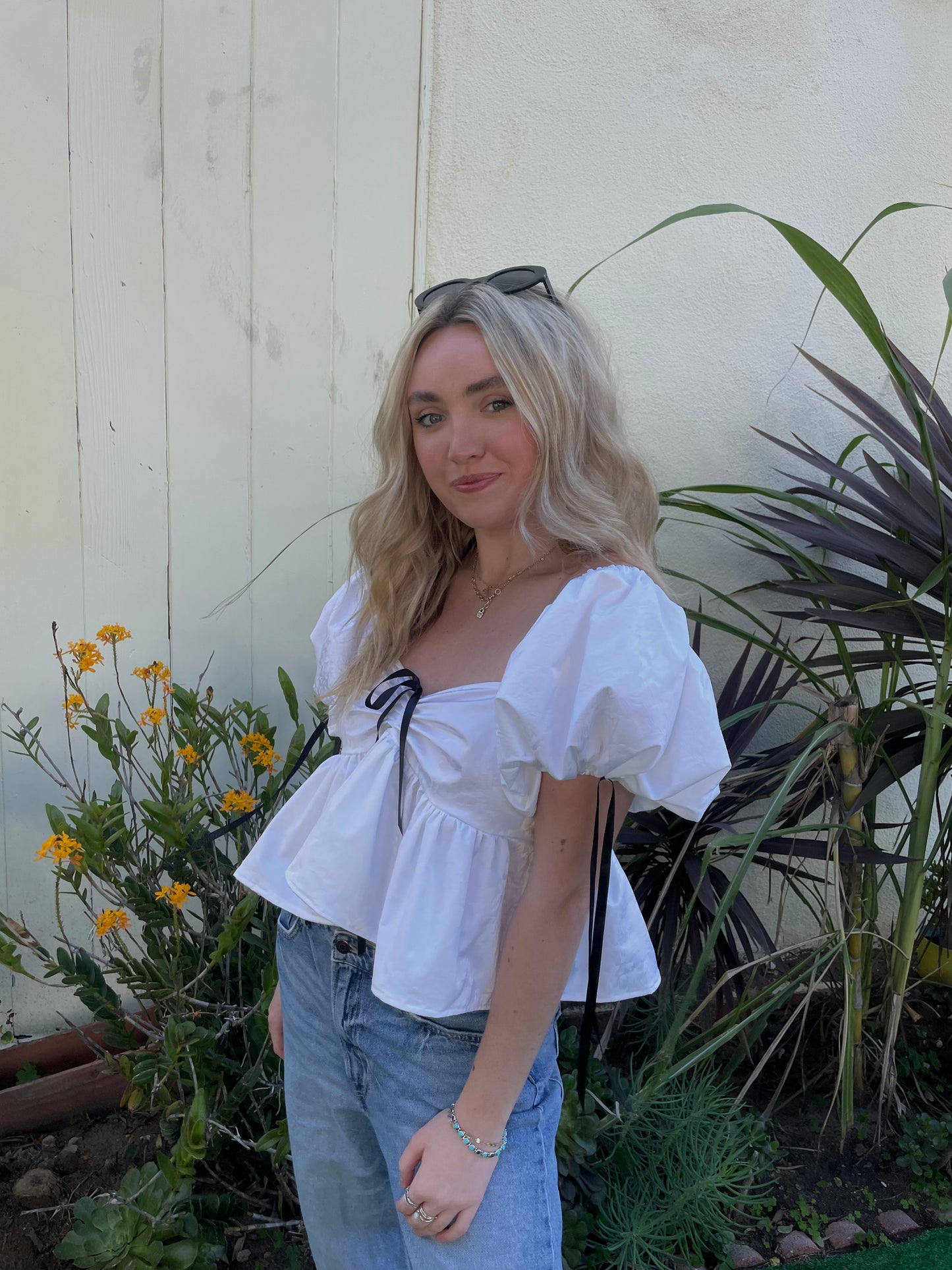 Makenna Blouse with Black Bow Tie in White Tulled Taffeta
