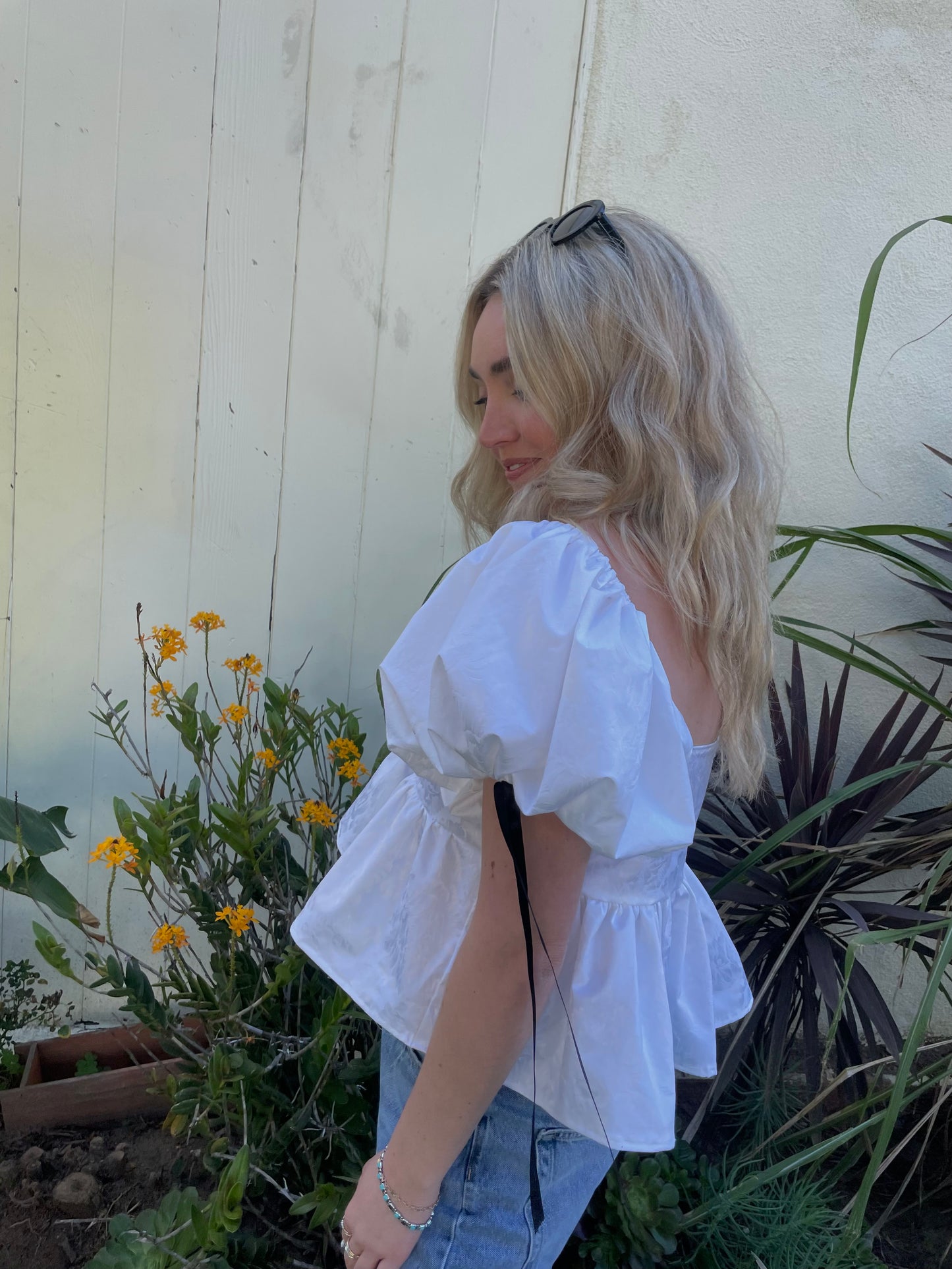 Makenna Blouse with Black Bow Tie in White Tulled Taffeta