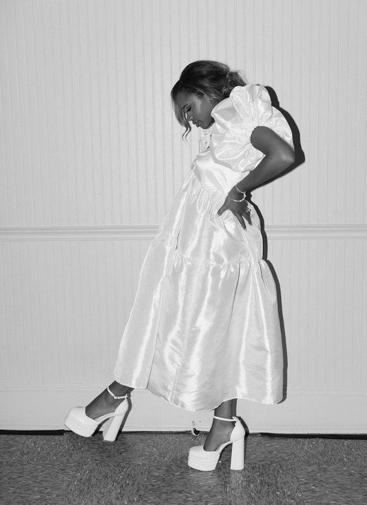East Village Dress with Makenna Sleeves in White Taffeta
