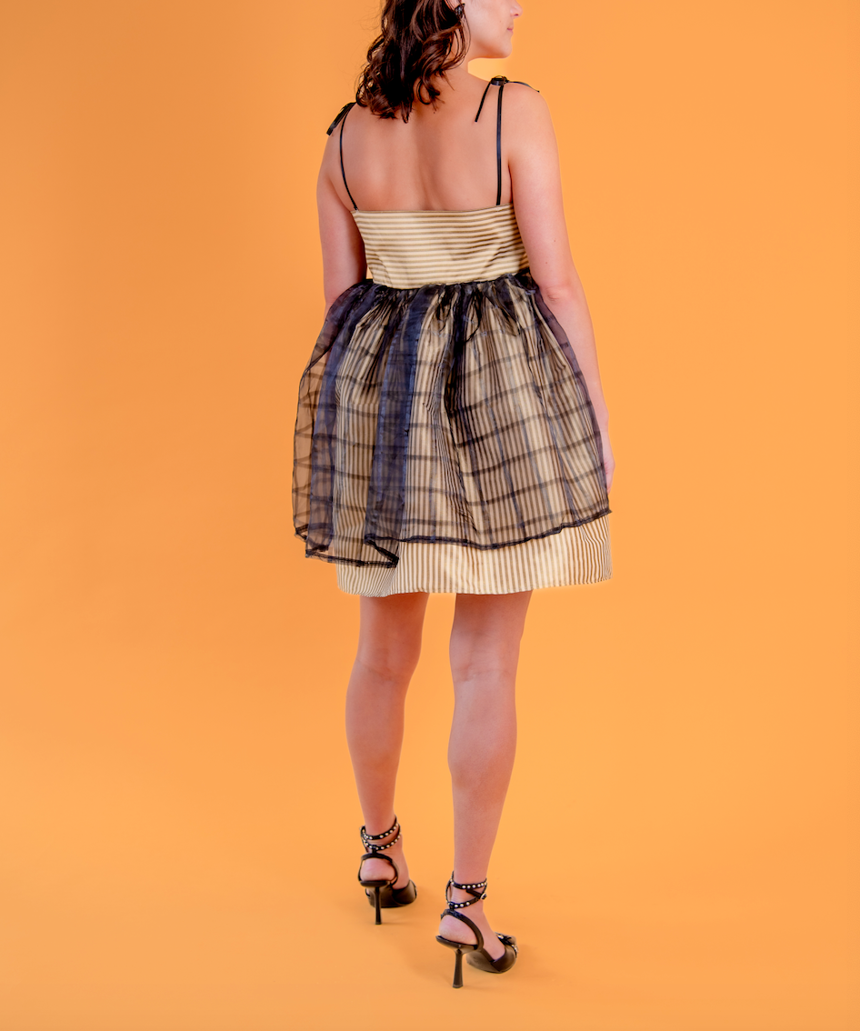 Makenna Sleevless Mini Dress Plaid Taffeta with Black Plaid Organza Overlay