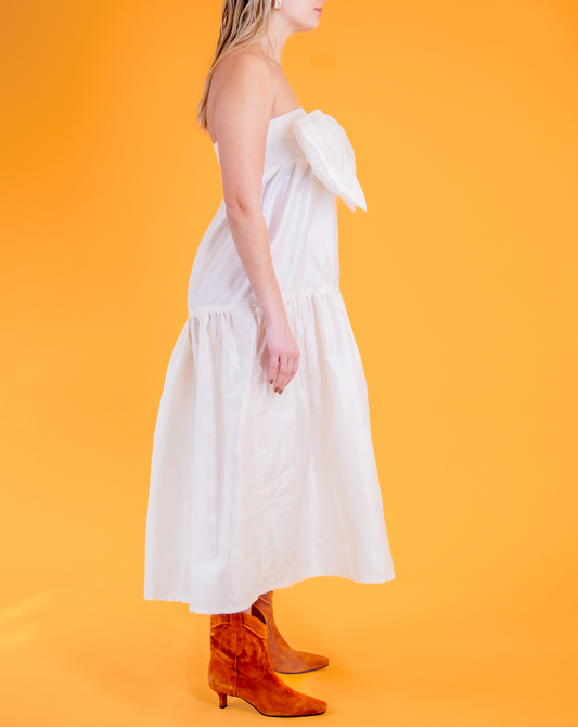 East Village Bow Dress in Vintage Tulip Creme Shantung