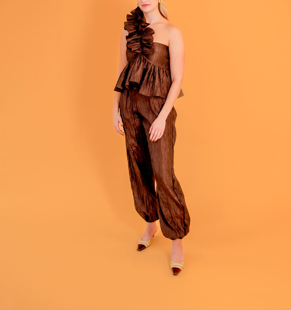 Resort Joggers in Chocolate Pleated Taffeta