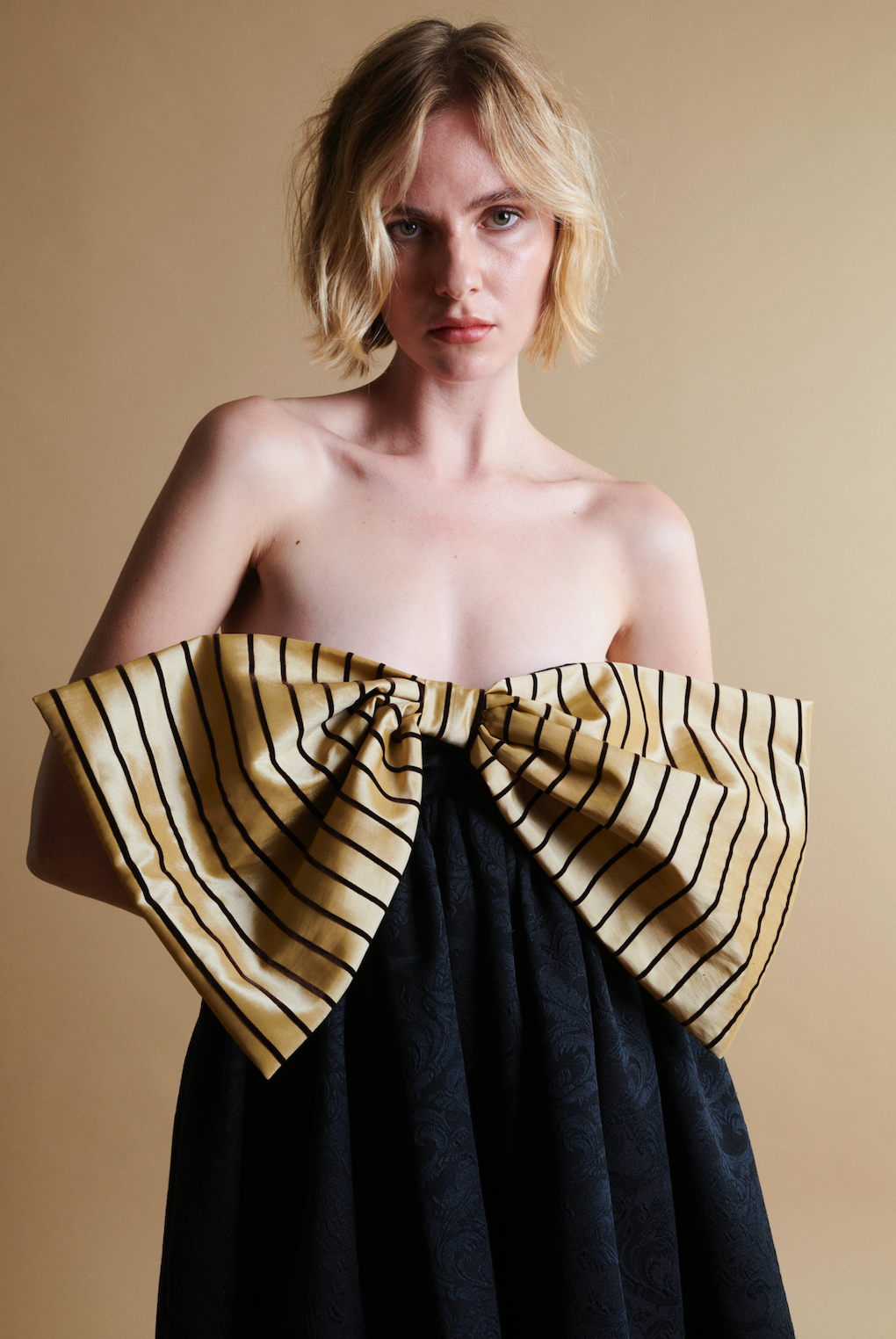 black and cream bow dress Stewart Mini Bow Dress in Black with Cream Stripe Bow