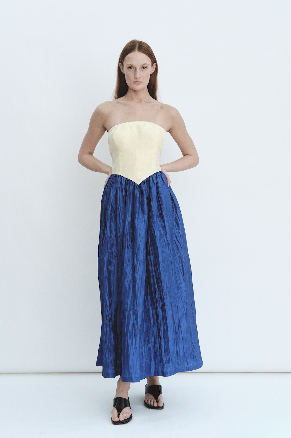 Roxanne Long Dress in Butter & Cobalt