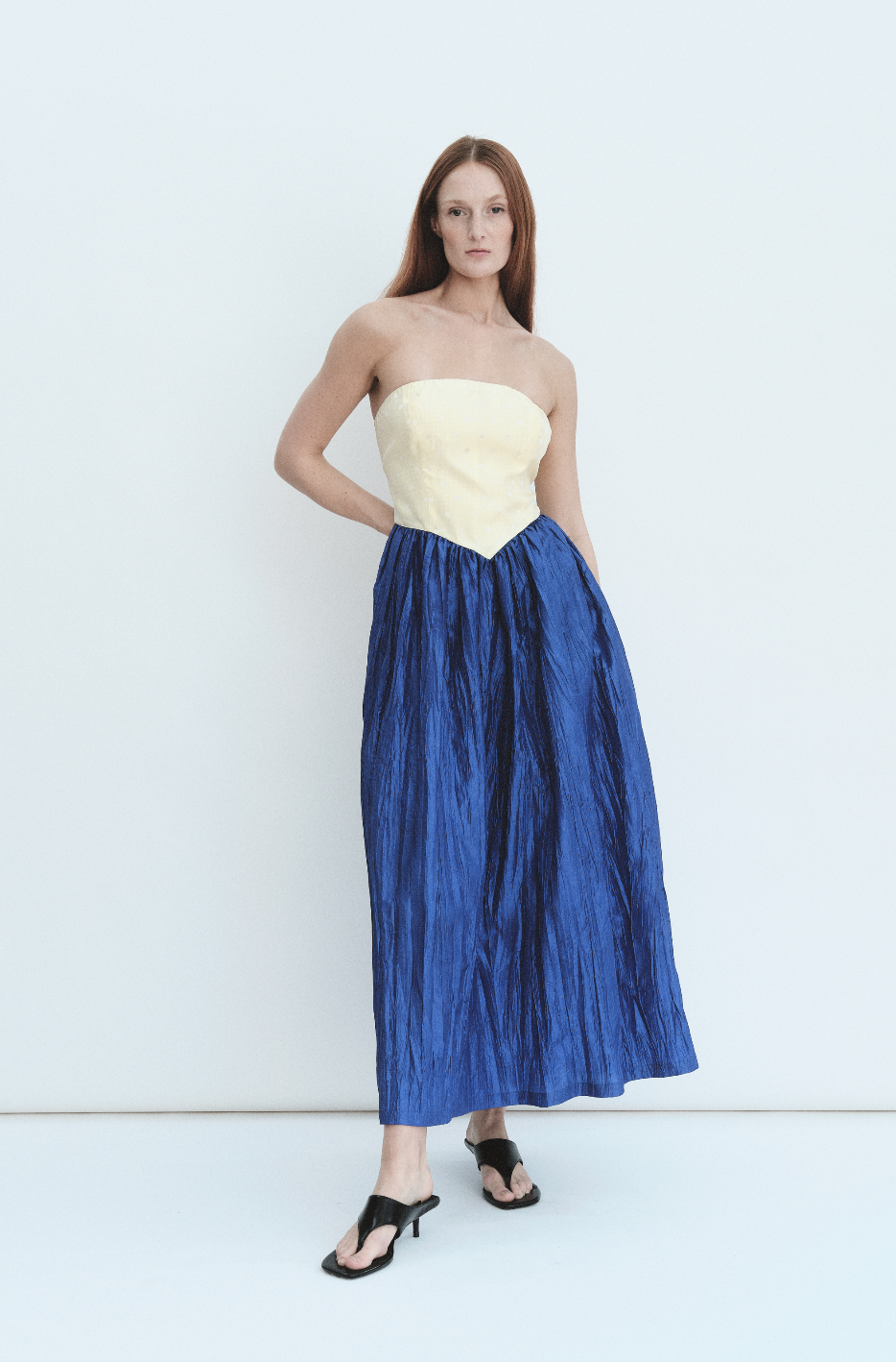 Roxanne Long Dress in Butter & Cobalt