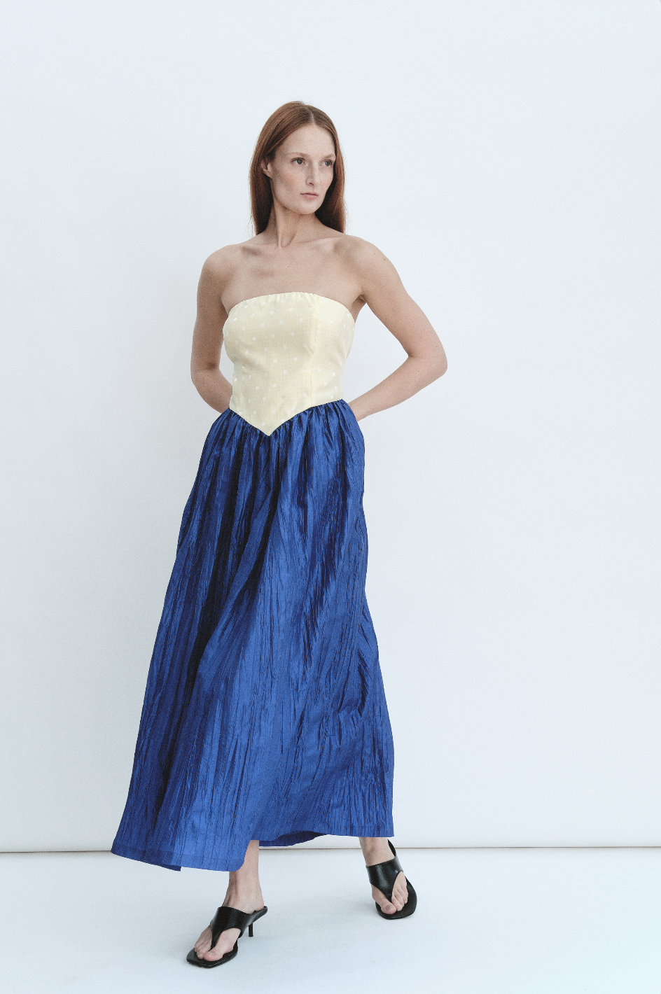 Roxanne Long Dress in Butter & Cobalt