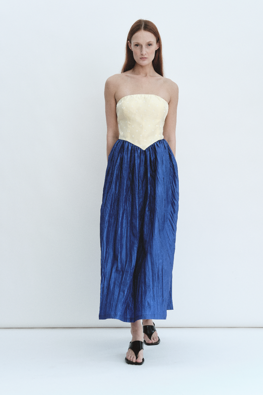 Roxanne Long Dress in Butter & Cobalt