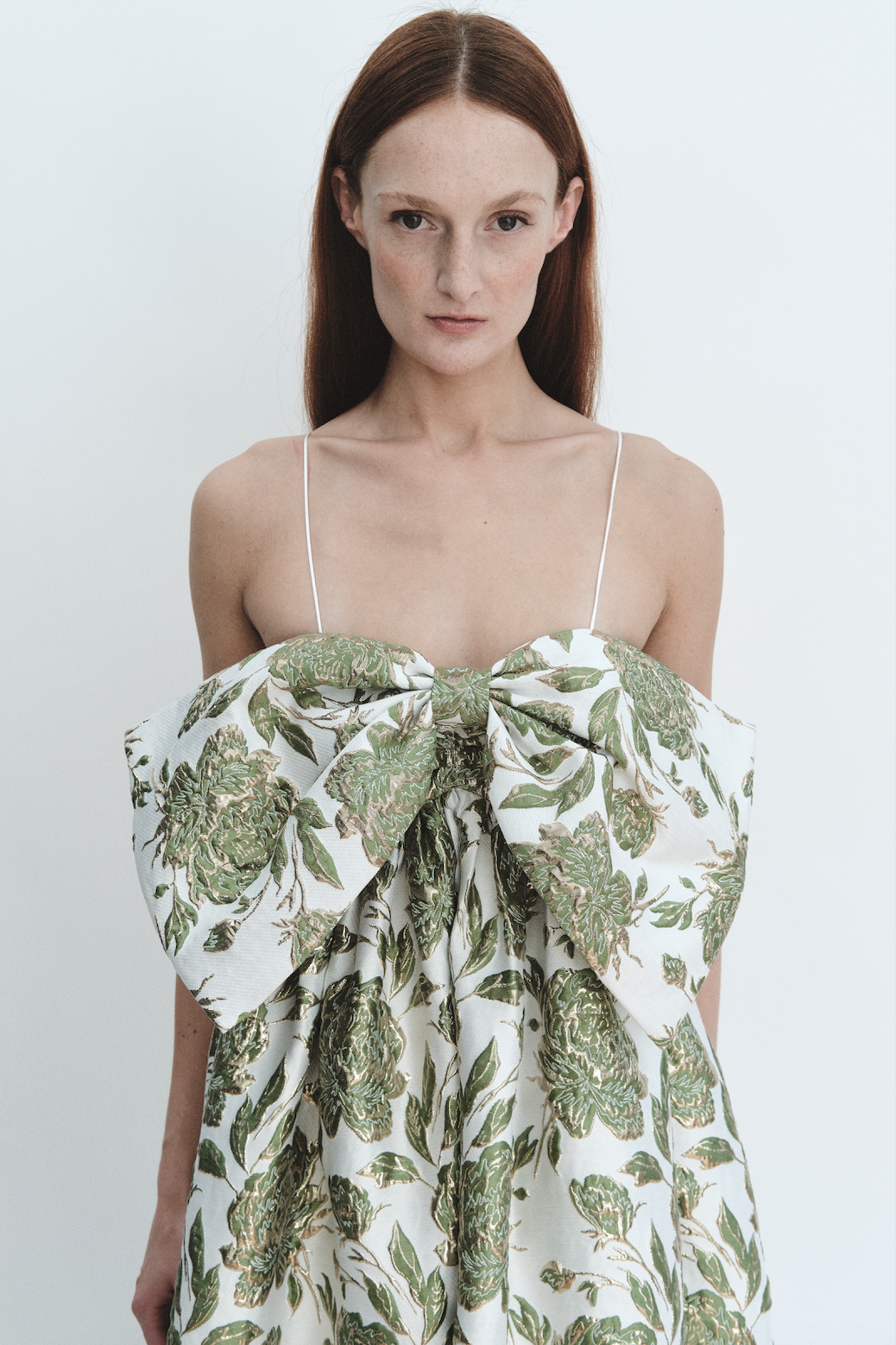 Bow Gown in Emerald Brocade