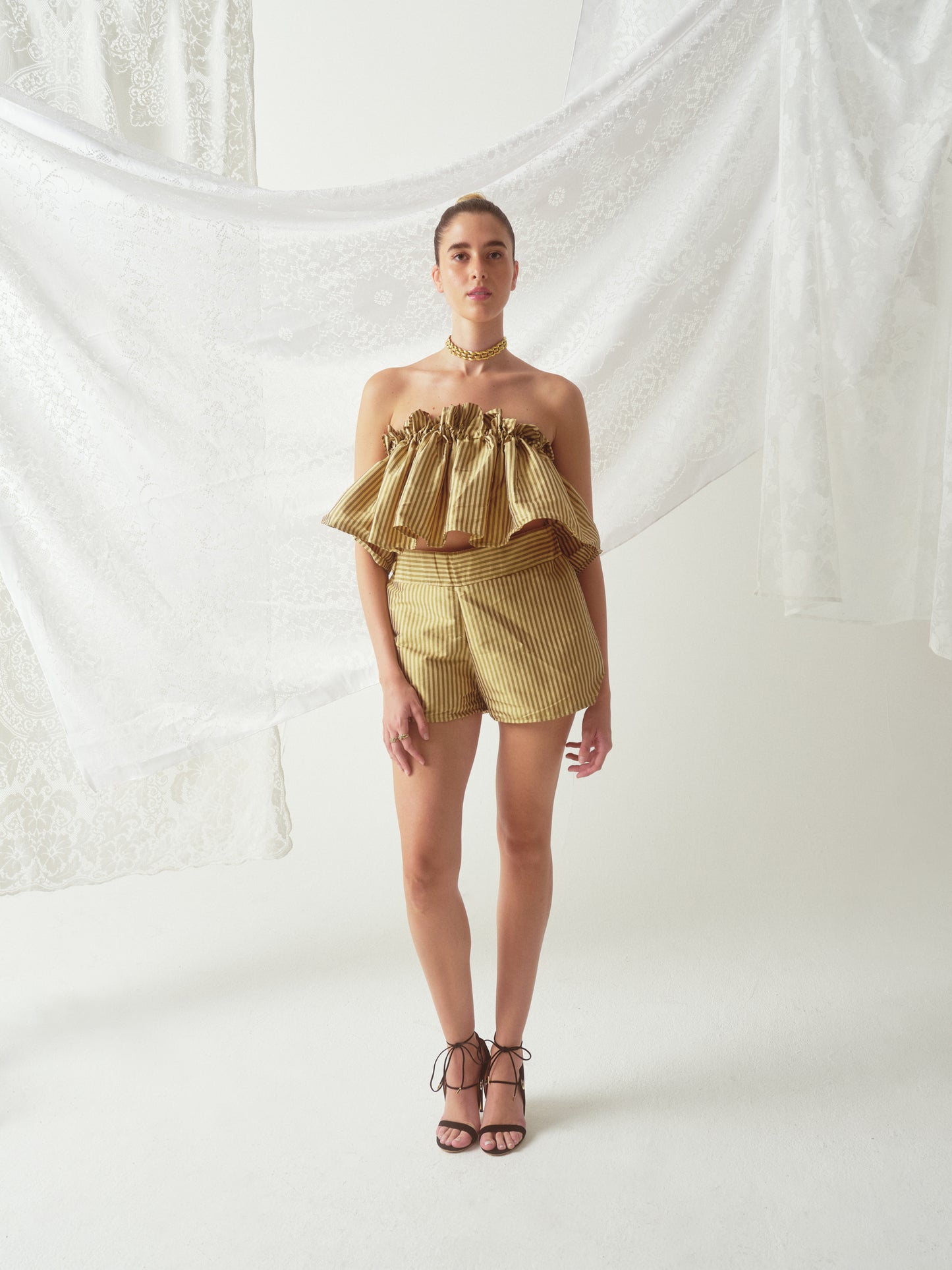 Shorts Set Nude & Black Striped Taffeta