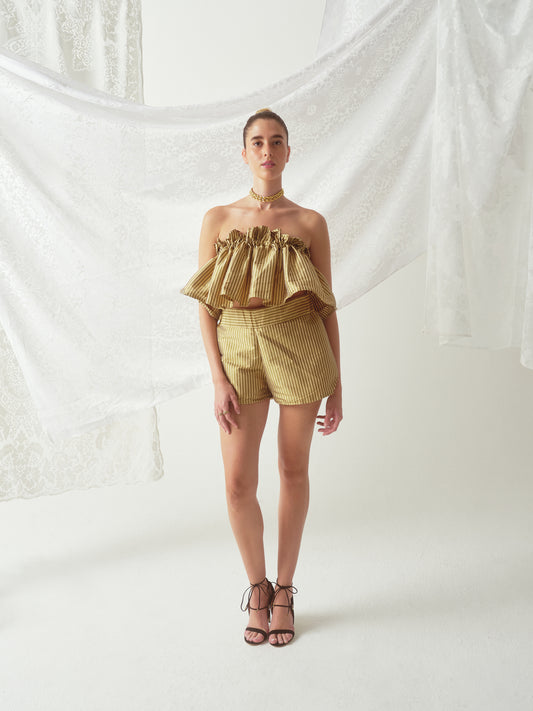 Shorts Set Nude & Black Striped Taffeta