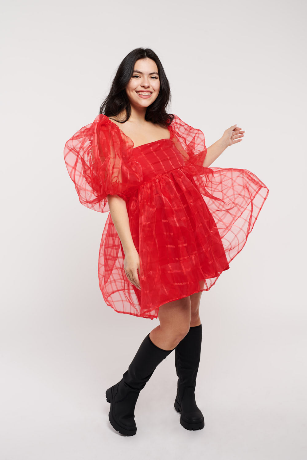 Jean Red Monochromatic Plaid Organza
