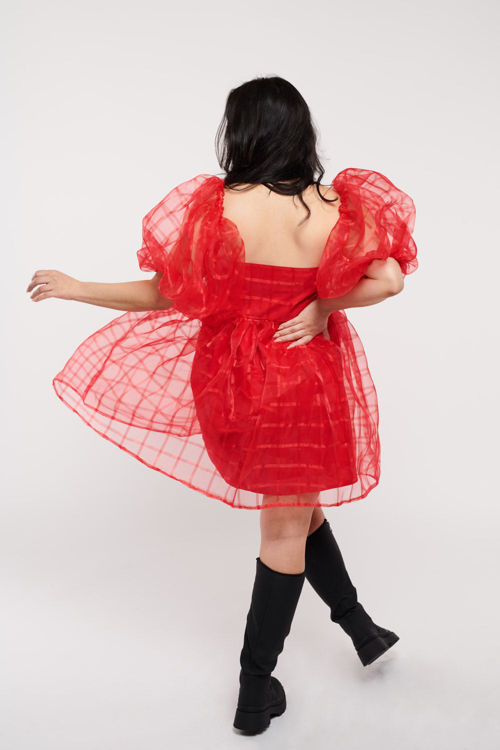 Jean Red Monochromatic Plaid Organza