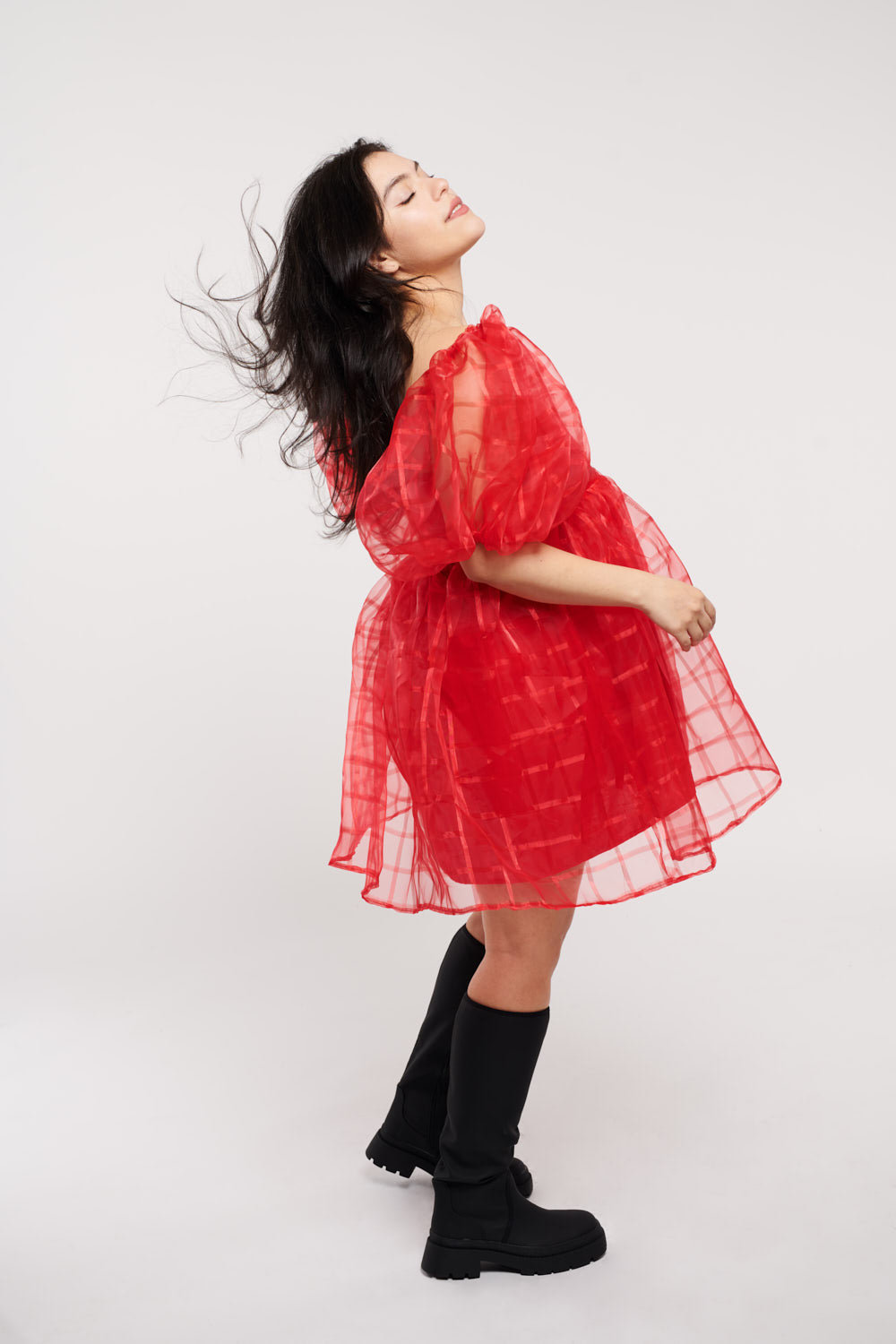 Jean Red Monochromatic Plaid Organza