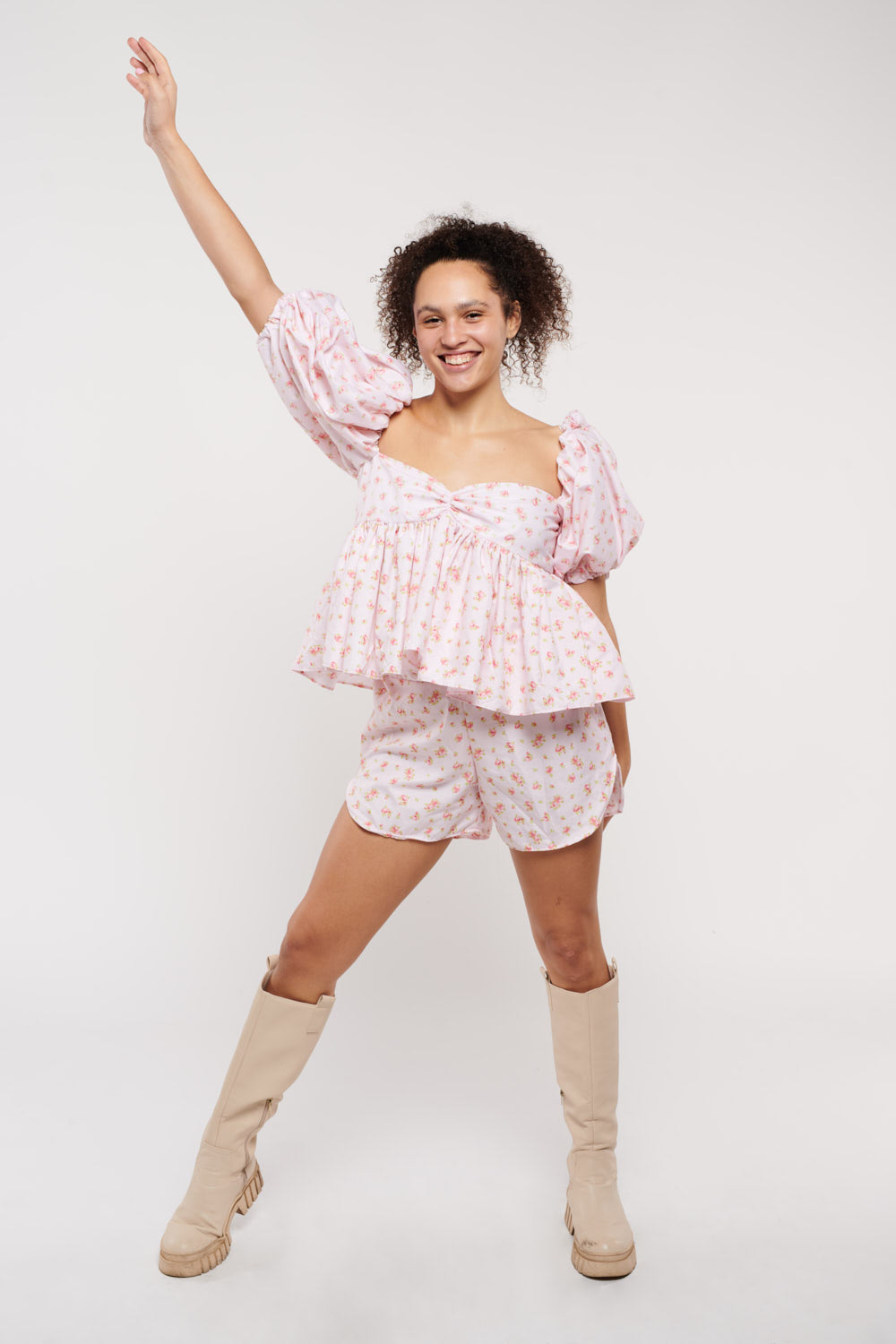Shorts Set Pink Pearly Floral Cotton