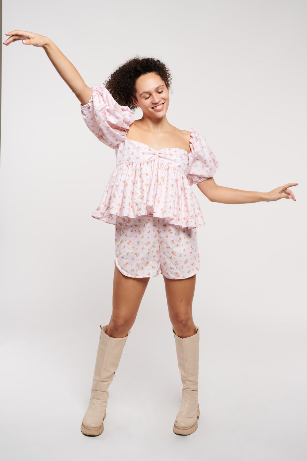 Shorts Set Pink Pearly Floral Cotton
