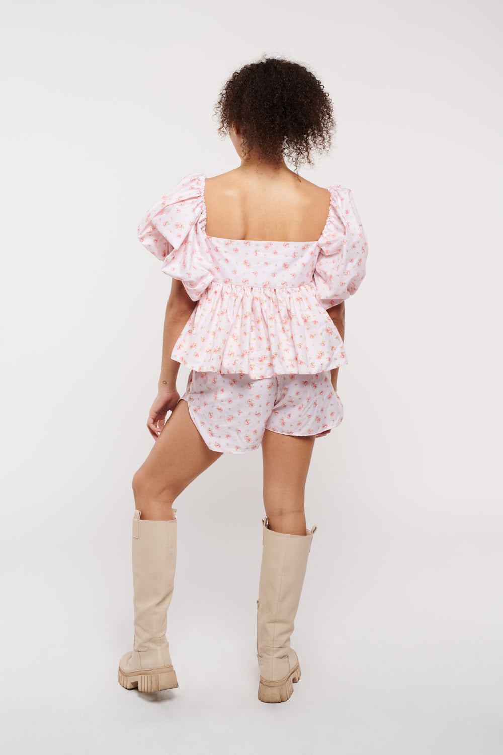 Shorts Set Pink Pearly Floral Cotton