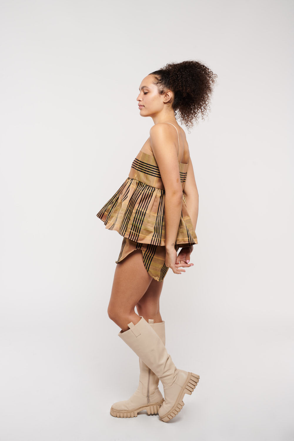 Shorts Set Tan Plaid Taffeta