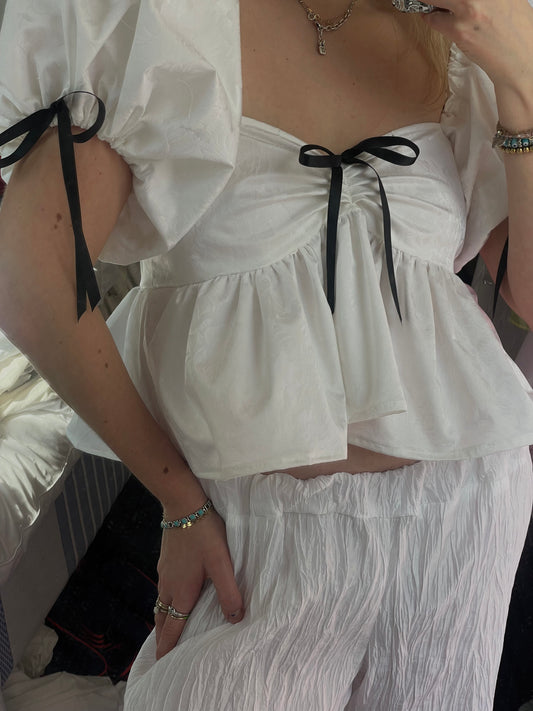 Makenna Blouse with Black Bow Tie in White Tulled Taffeta