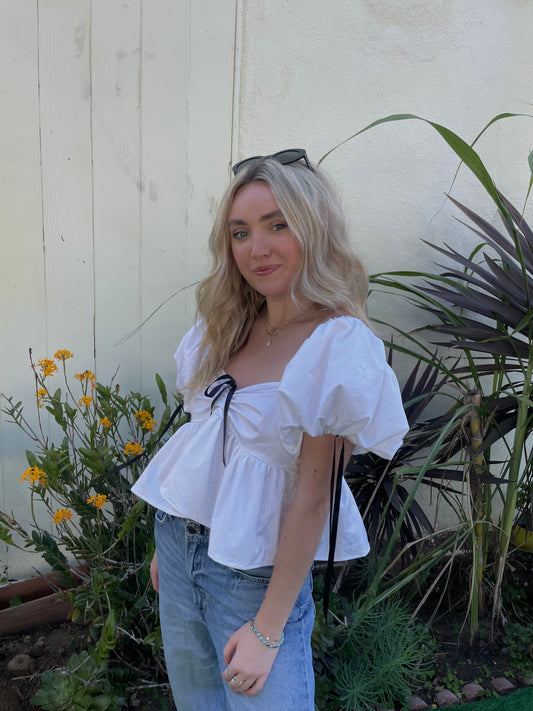 Makenna Blouse with Black Bow Tie in White Tulled Taffeta