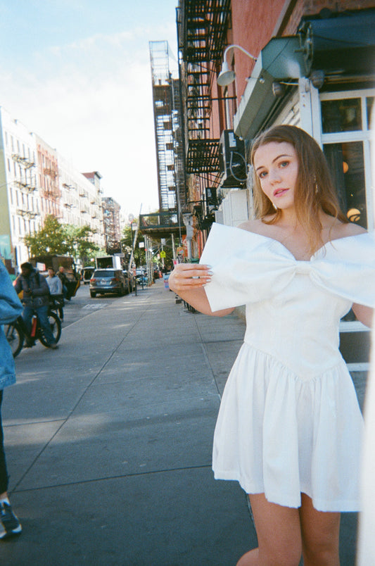 Roxanne Mini Dress in Pearl White with Removable Bow