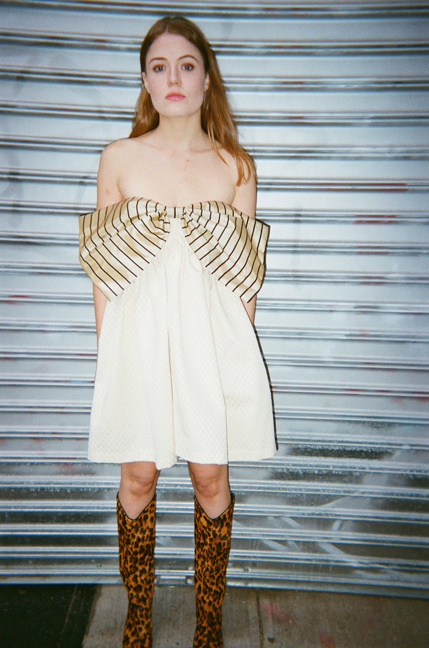 Stewart Mini Bow Dress in Cream with Striped Taffeta Bow