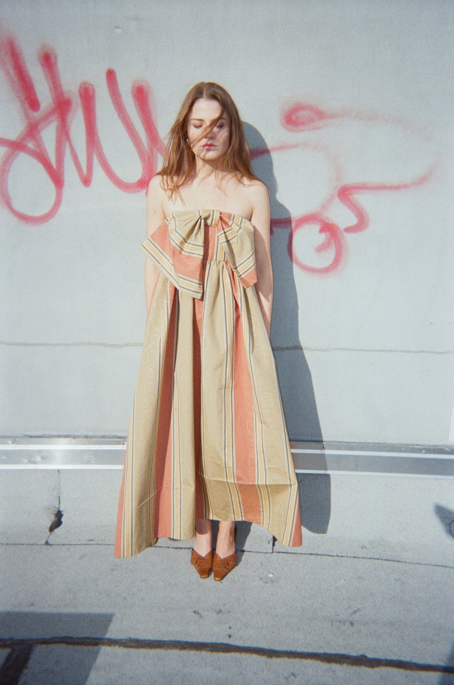 Long Bow Dress in Vintage Woodgrain Taffeta