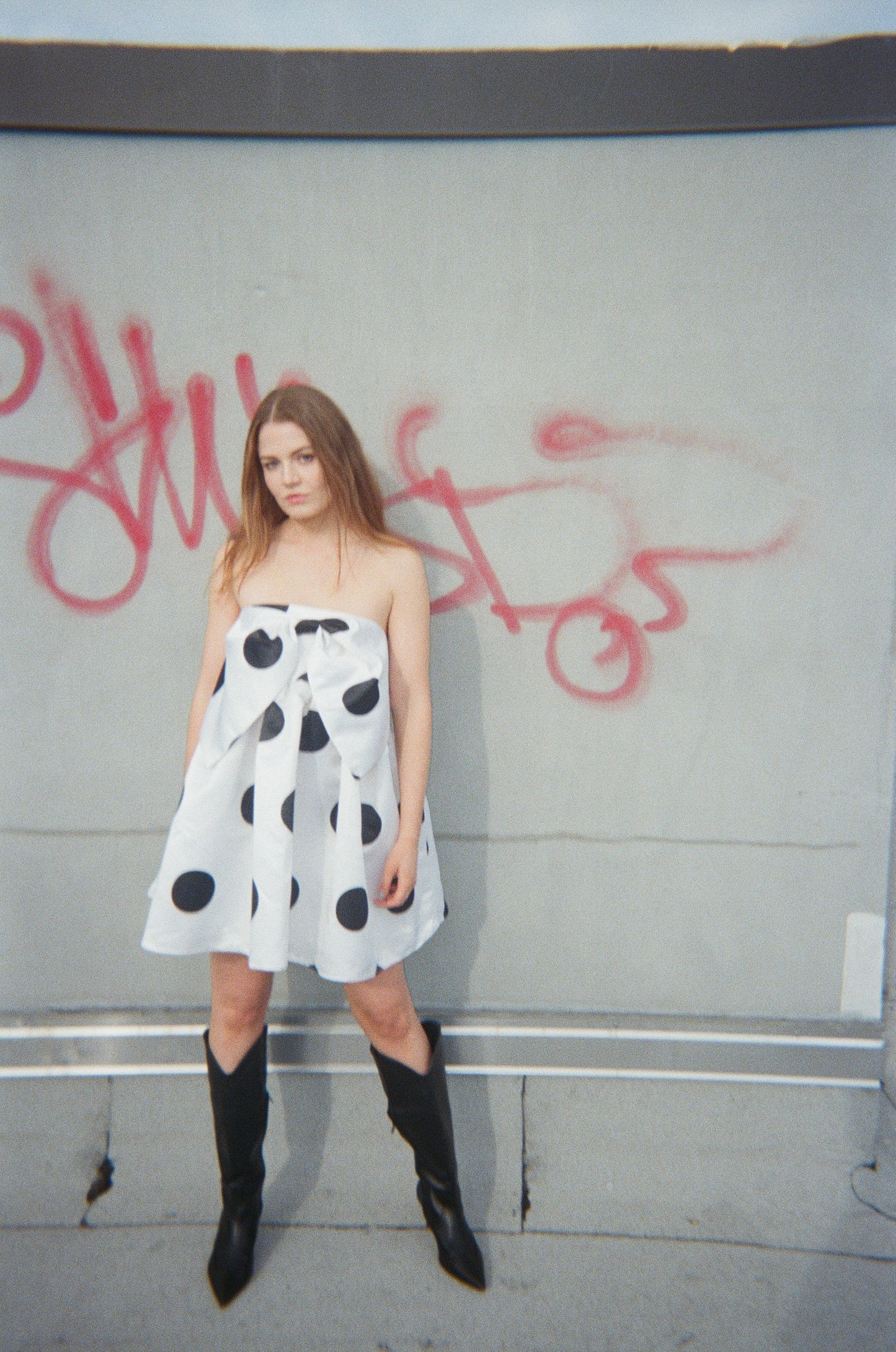 Mini Bow Dress in Black and White Polka Dot