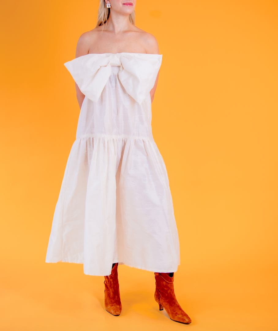 East Village Bow Dress in Vintage Tulip Creme Shantung