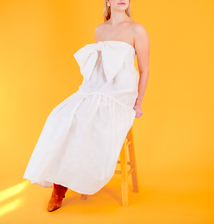 East Village Bow Dress in Vintage Tulip Creme Shantung