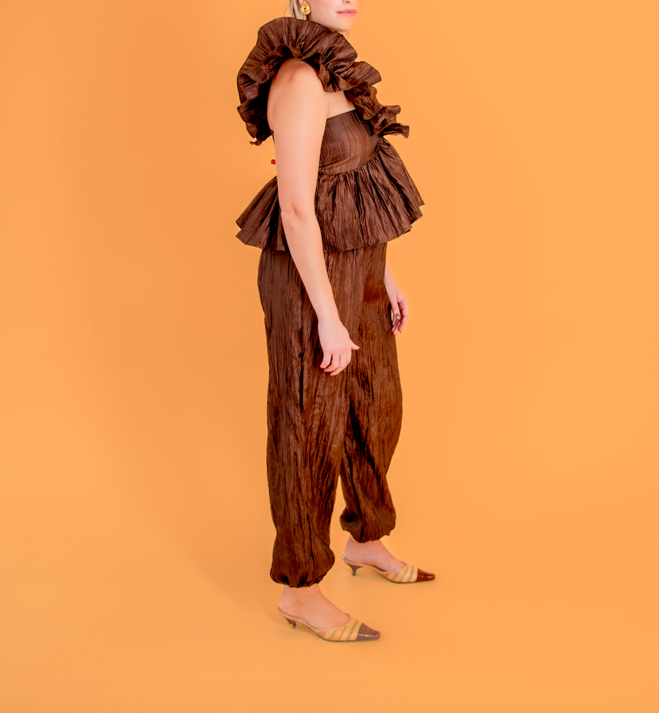 Resort Joggers in Chocolate Pleated Taffeta