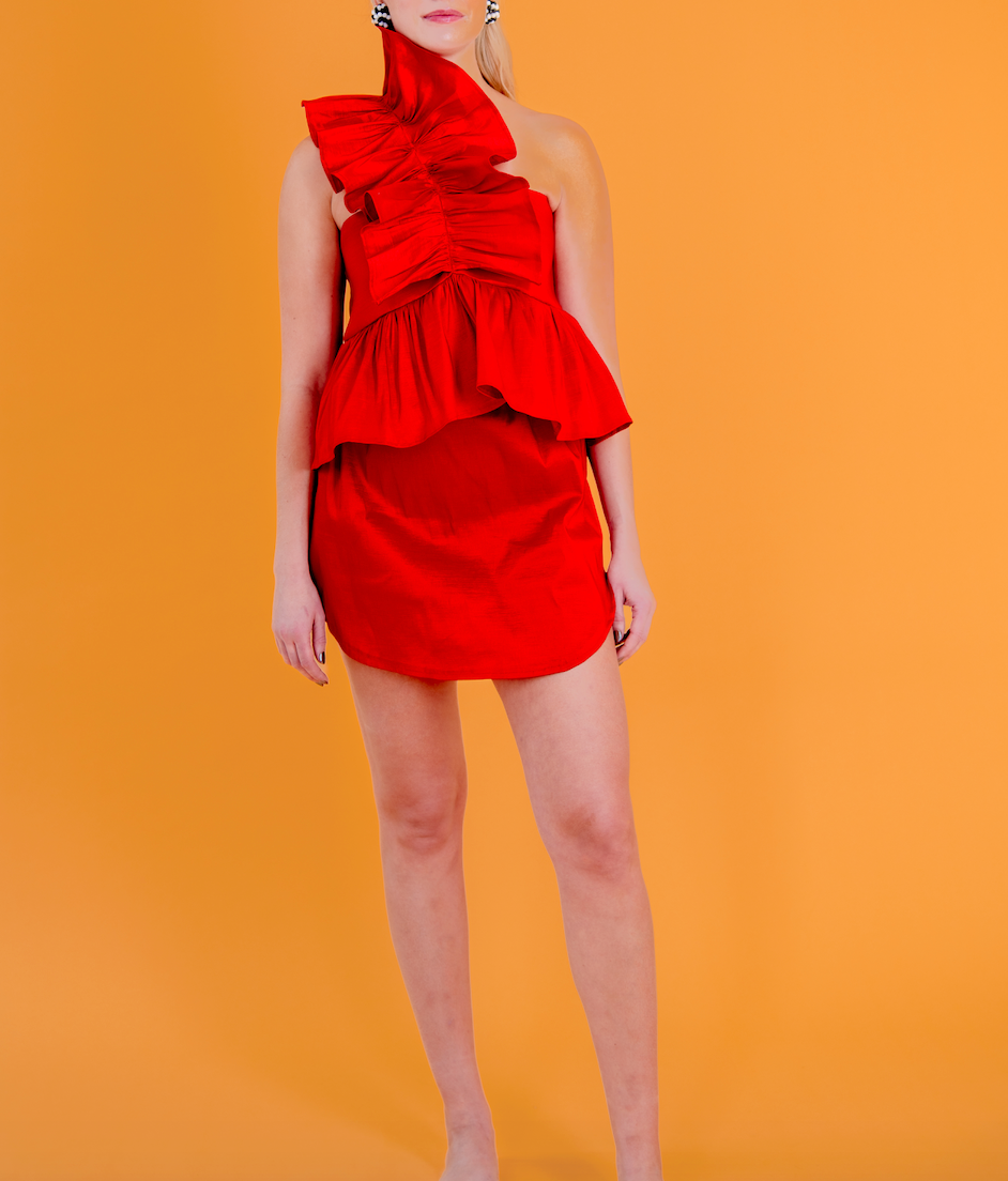 Juliette Blouse and Skirt Set in Lipstick Red Taffeta