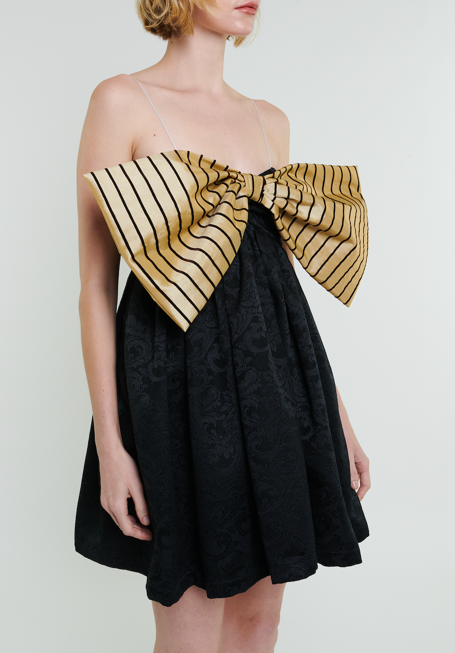 Stewart Mini Bow Dress in Black with Cream Stripe Bow