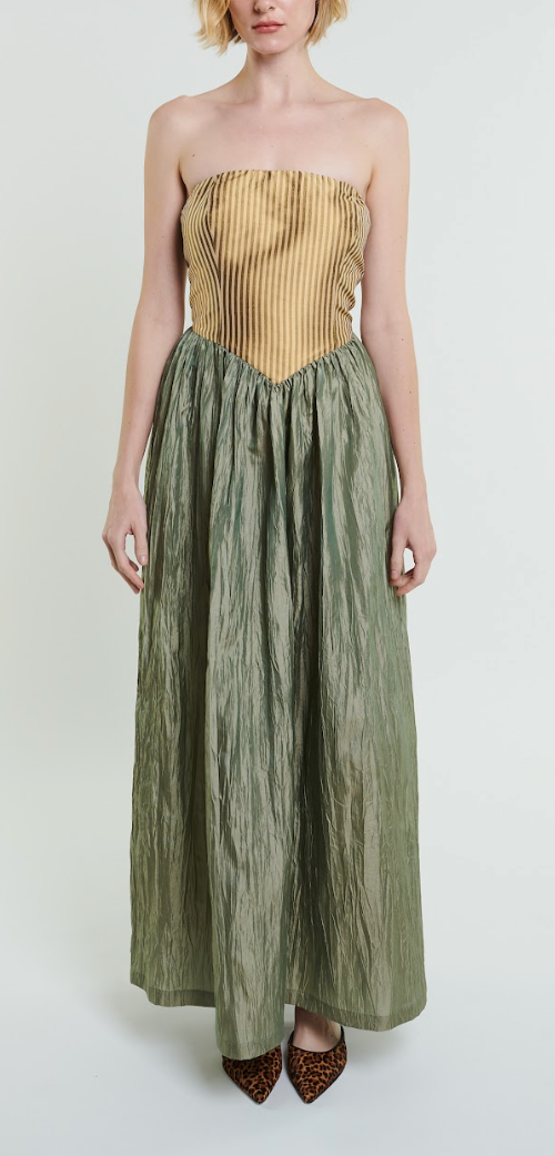 Roxanne Long Dress in Cream & Moss