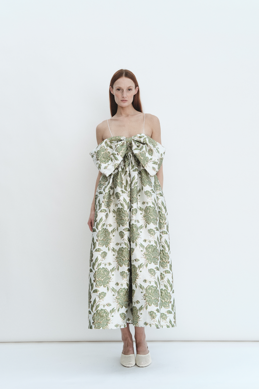 Bow Gown in Emerald Brocade