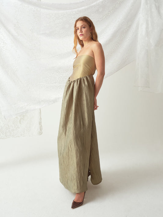 Roxanne Long Dress in Cream & Moss